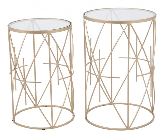 HomeRoots Geometric Gold and Glass Side Tables in Set of Two