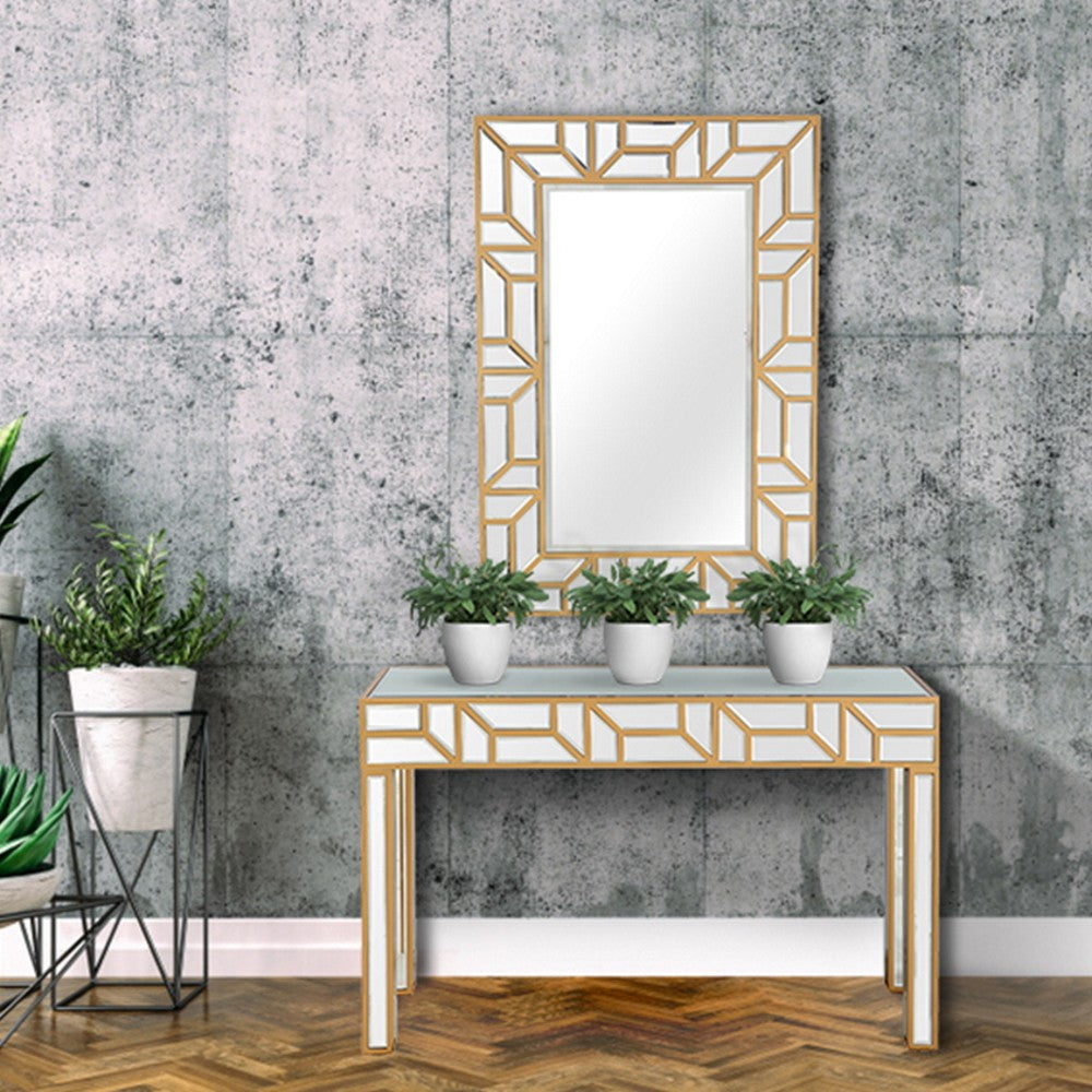HomeRoots Geometric Mirror and Console Table in Gold Finish