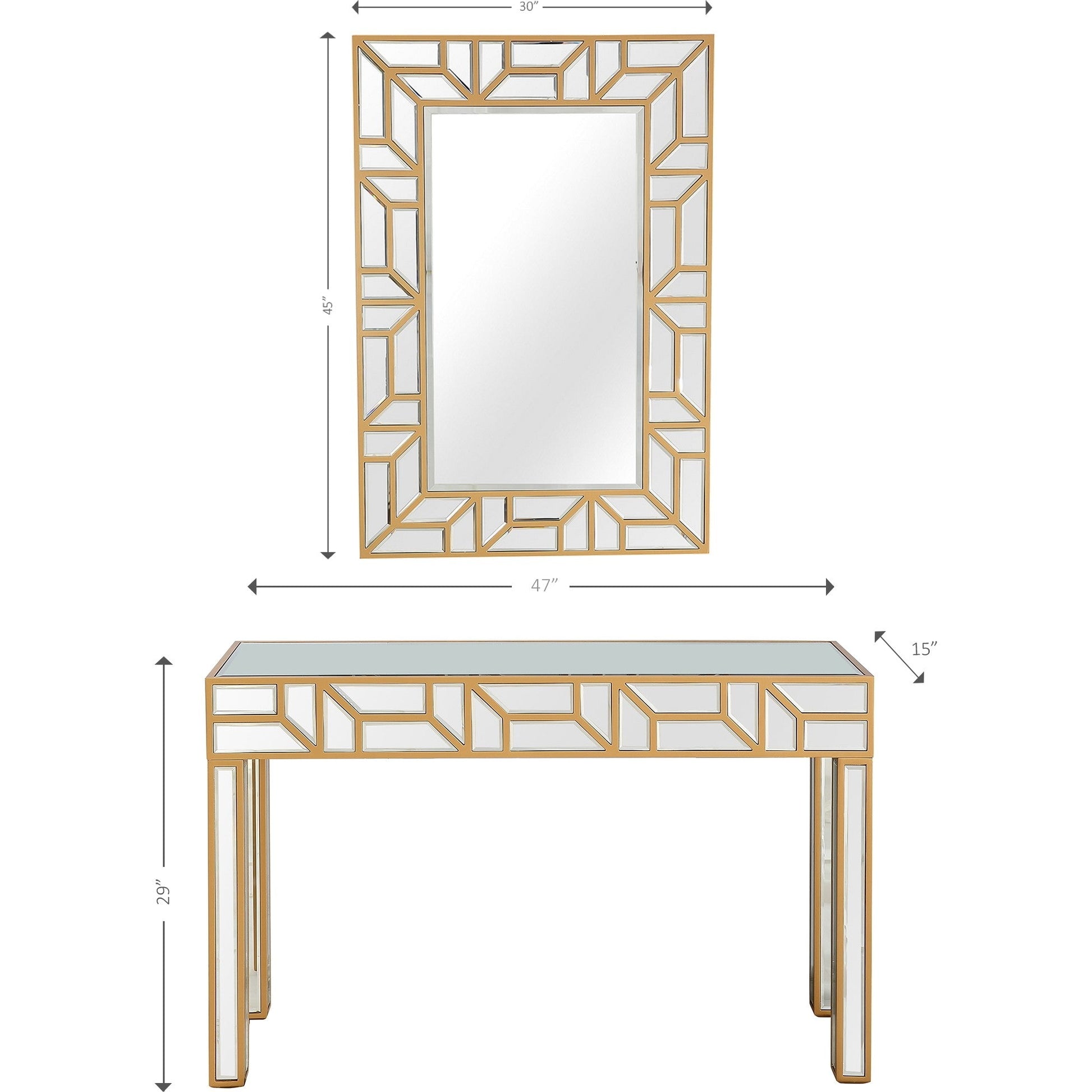 HomeRoots Geometric Mirror and Console Table in Gold Finish