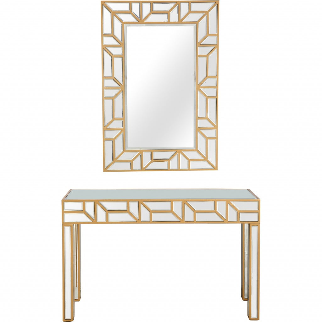 HomeRoots Geometric Mirror and Console Table in Gold Finish