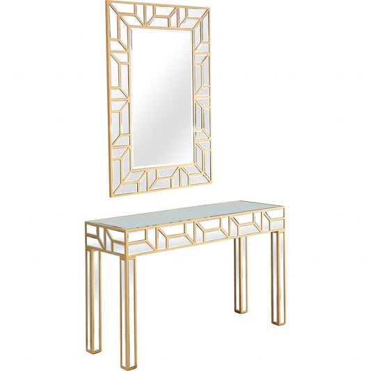 HomeRoots Geometric Mirror and Console Table in Gold Finish