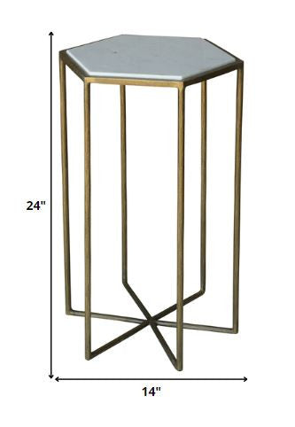 HomeRoots Geometric White Marble Side Table With Gold Base