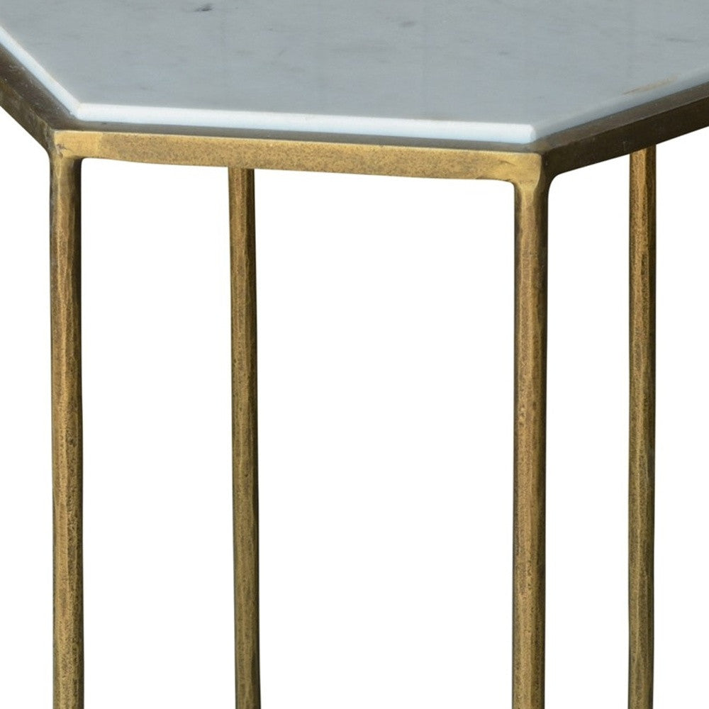 HomeRoots Geometric White Marble Side Table With Gold Base