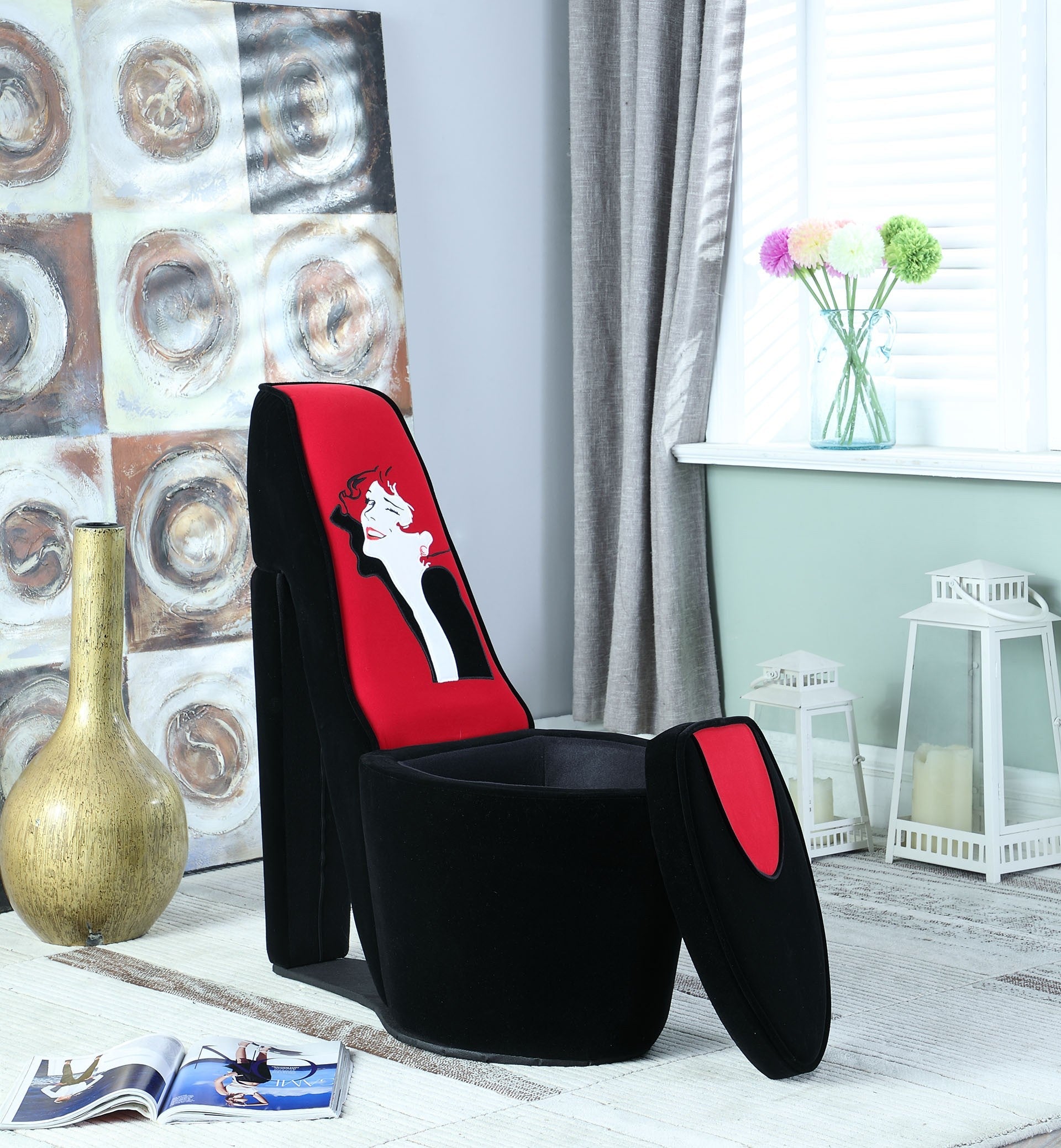 HomeRoots Glam Black and Red Contempo Lady Faux Suede High Heel Shoe Shaped Storage Chair