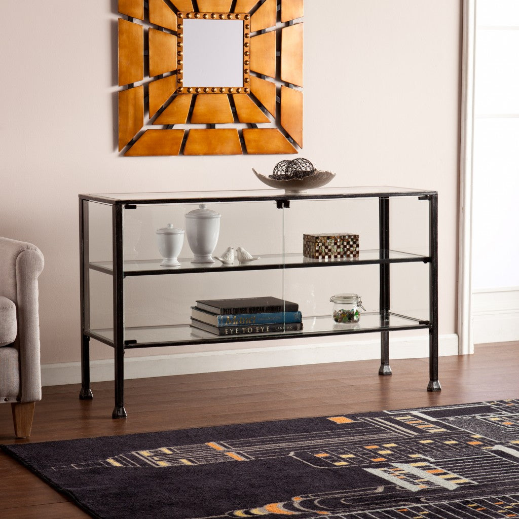 HomeRoots Glass Double Door Cabinet With Rustic Black Finish