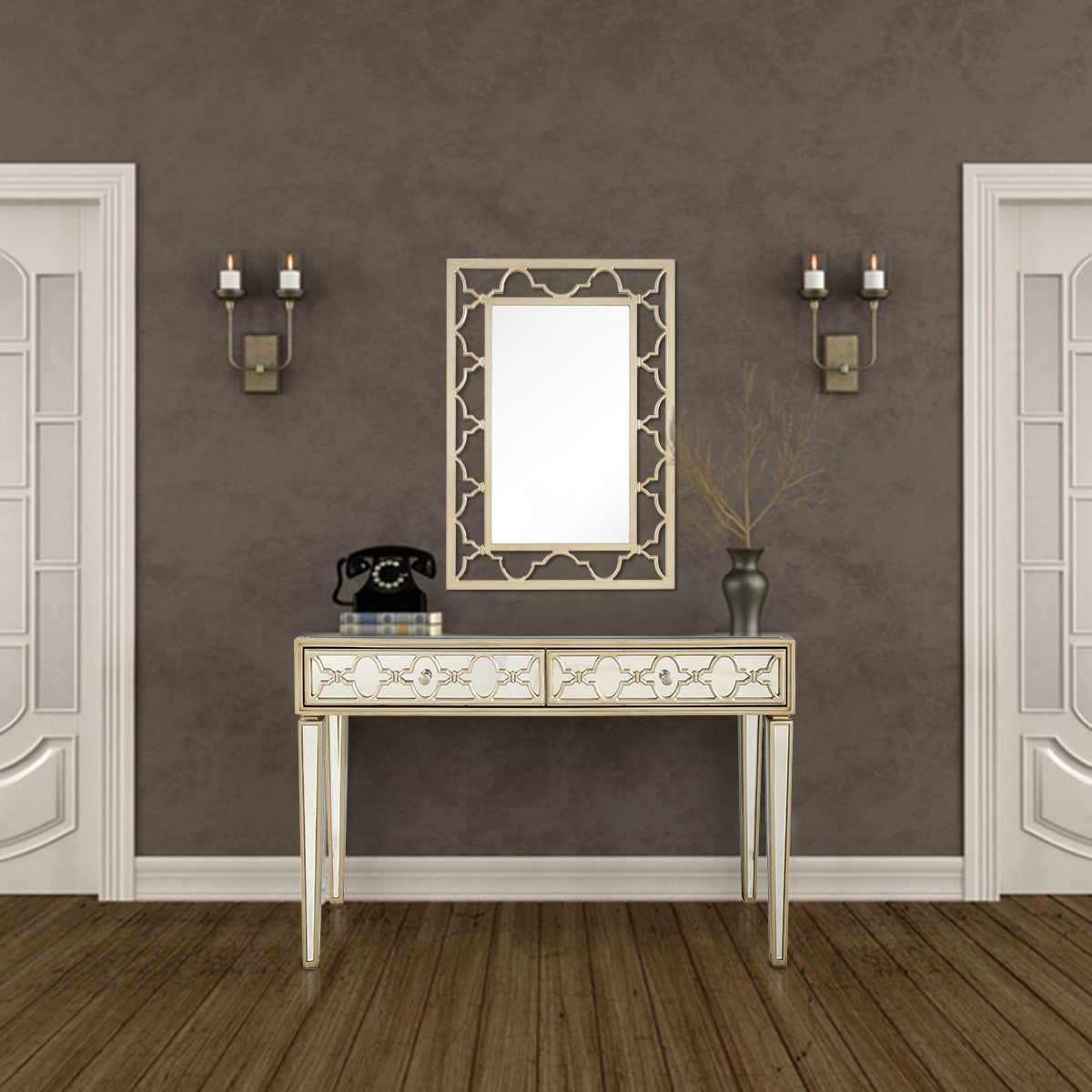 HomeRoots Glass Mirror and Console Table in Champagne Finish