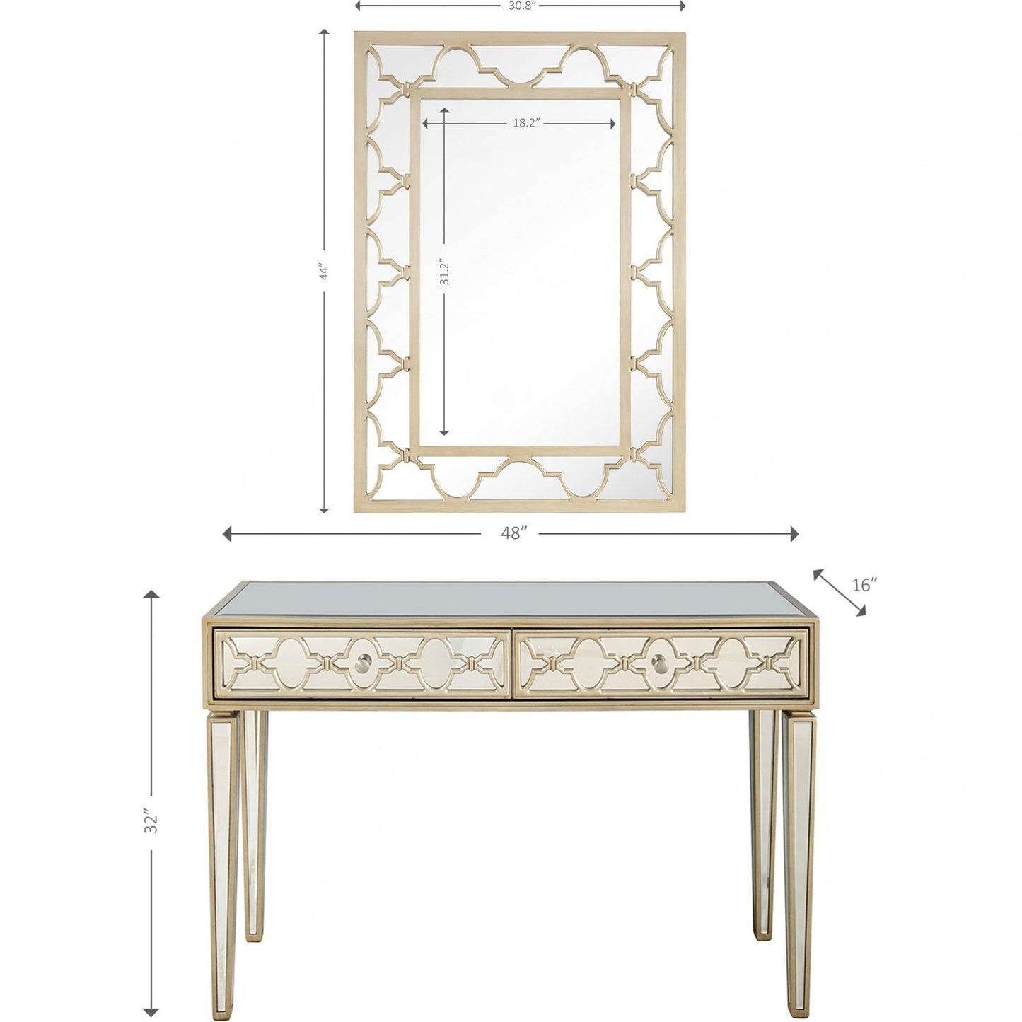 HomeRoots Glass Mirror and Console Table in Champagne Finish