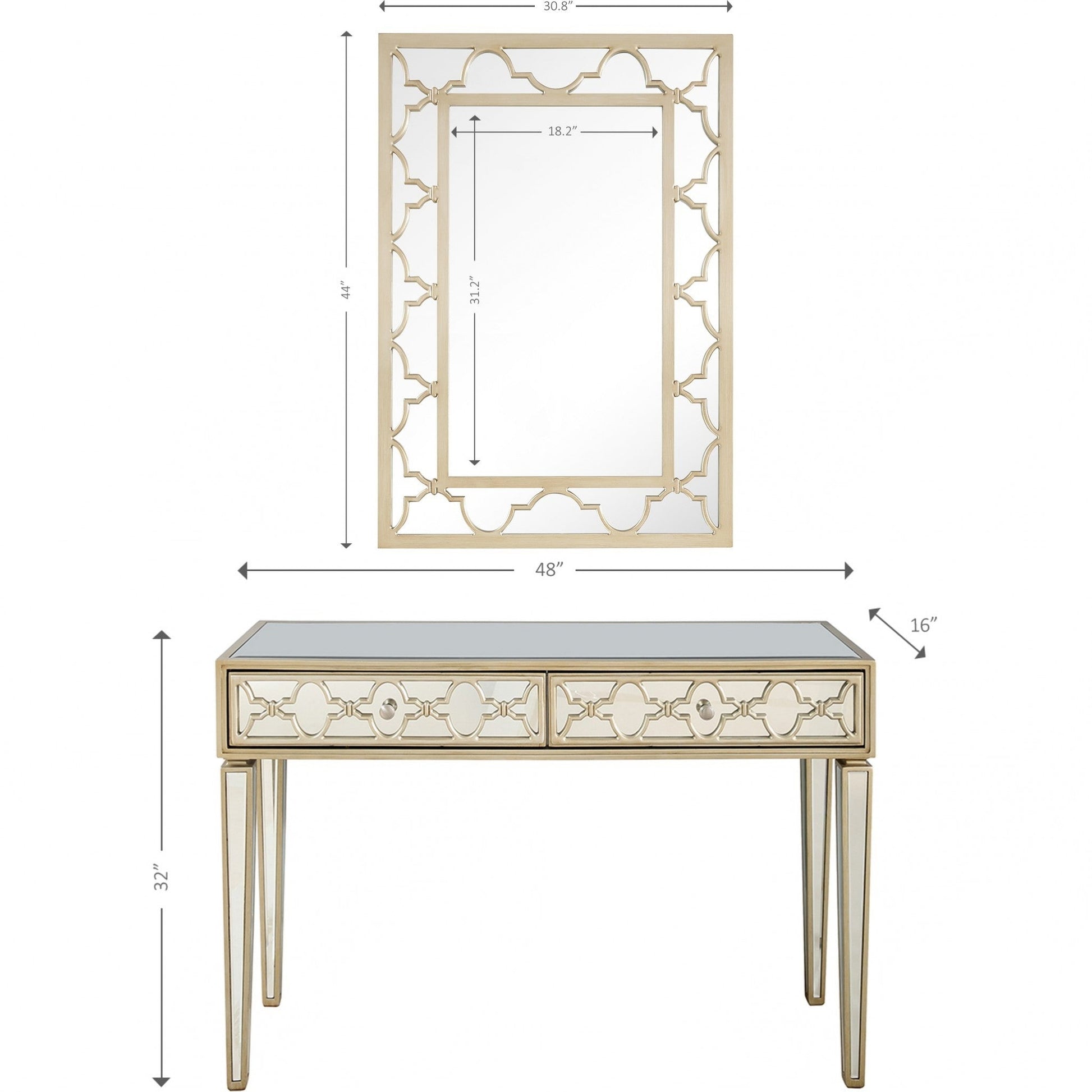 HomeRoots Glass Mirror and Console Table in Champagne Finish