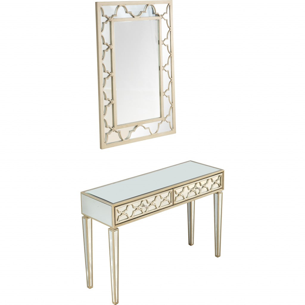 HomeRoots Glass Mirror and Console Table in Champagne Finish