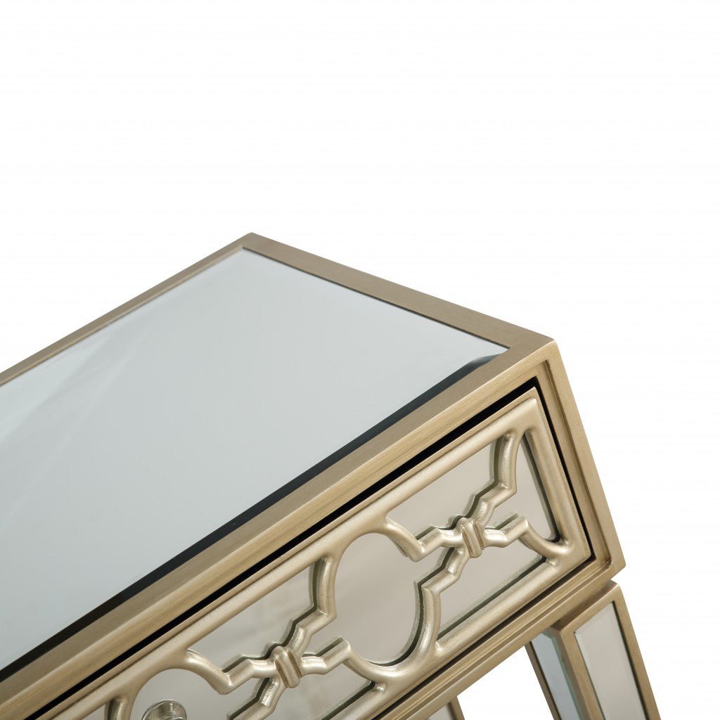 HomeRoots Glass Mirror and Console Table in Champagne Finish