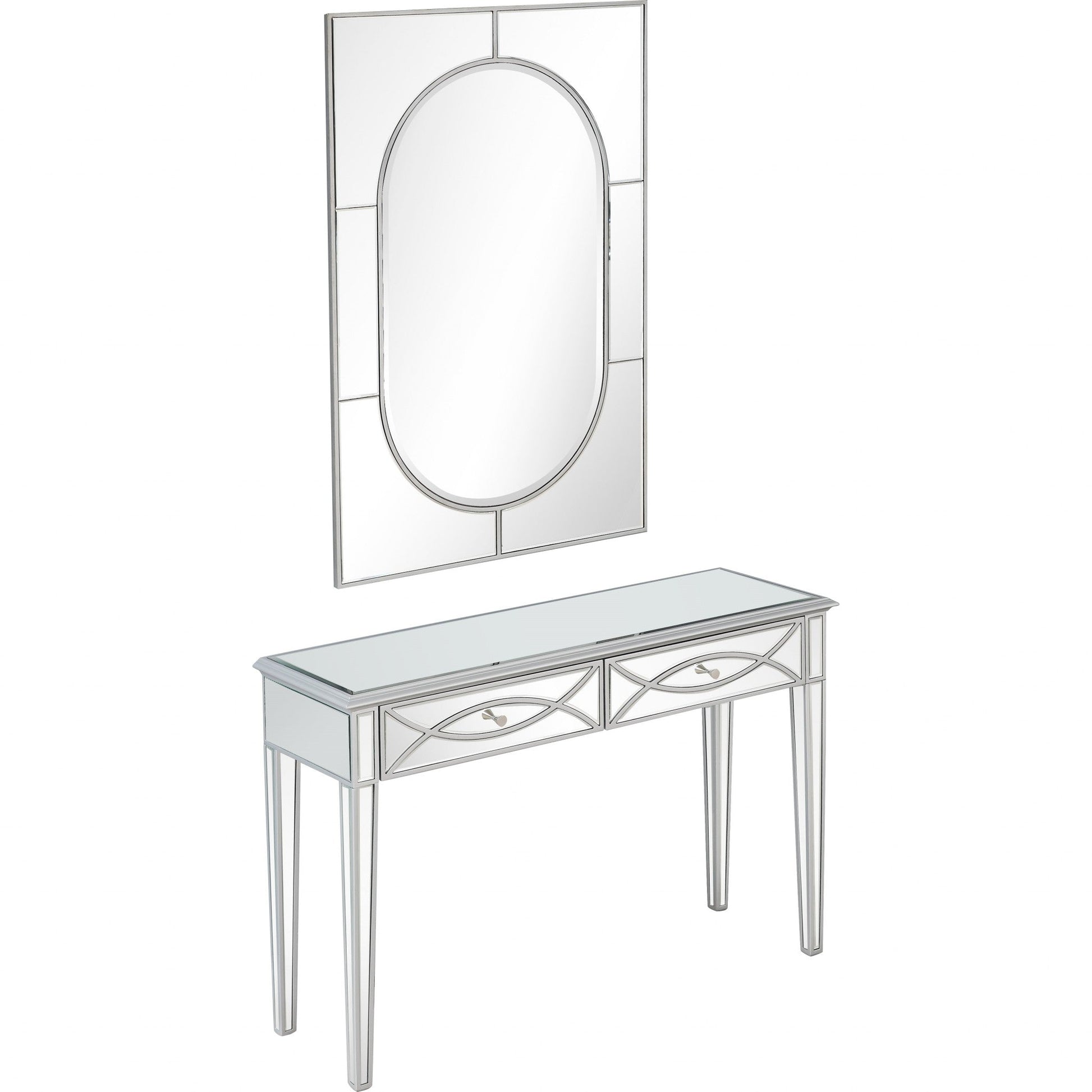 HomeRoots Glass Mirror and Console Table in Silver Finish