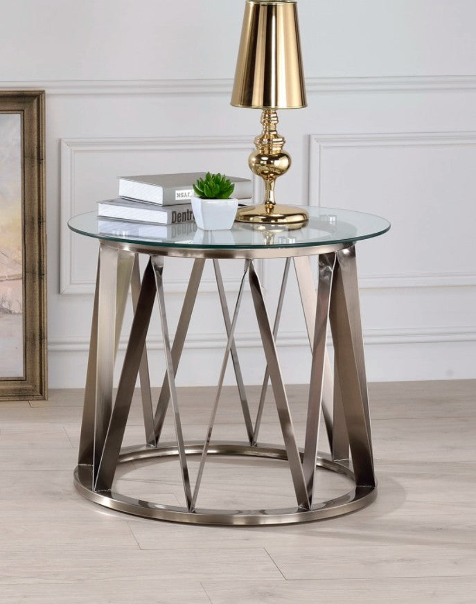 HomeRoots Glass Side Table with Zig Zag Gold Base