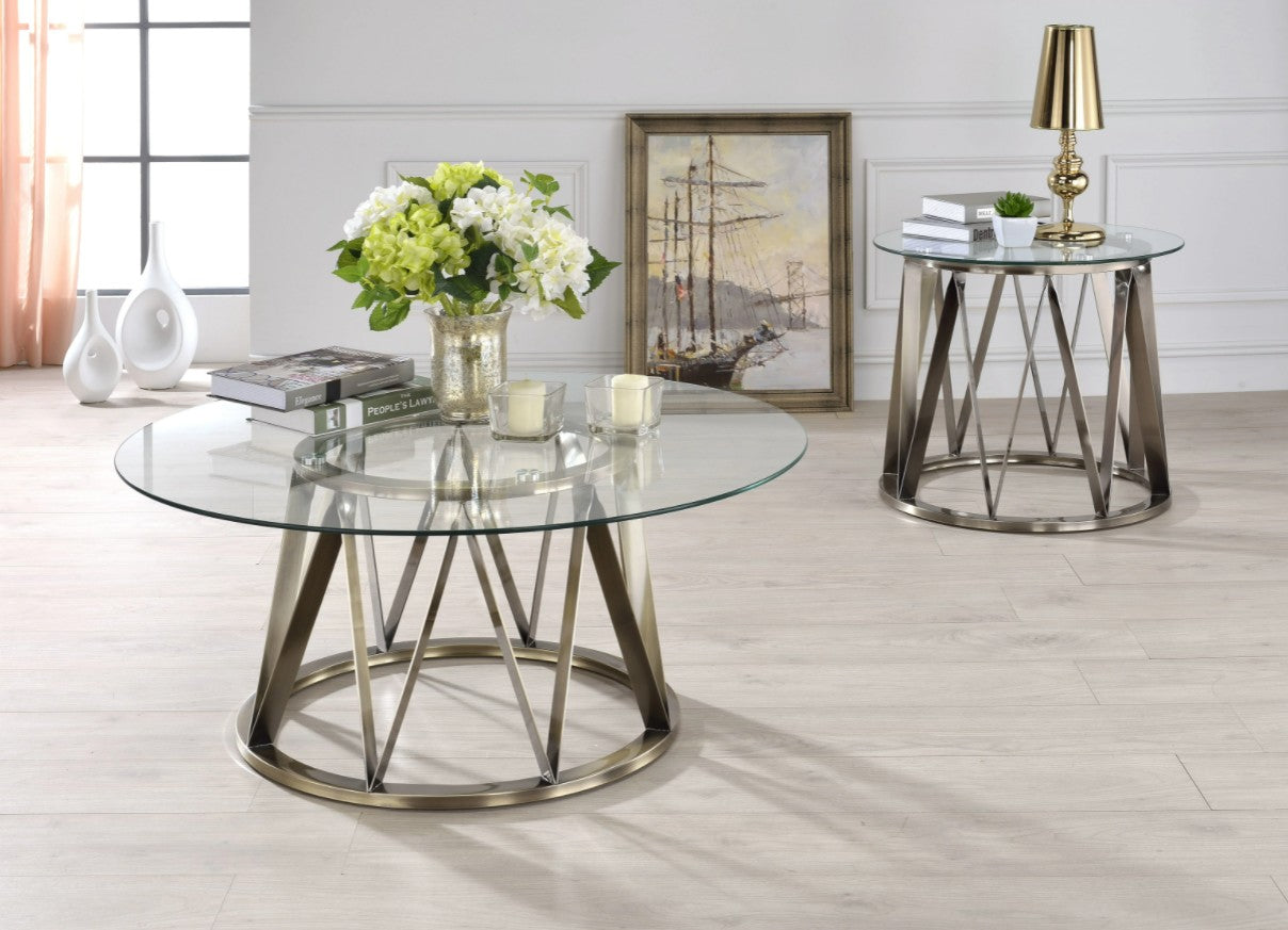 HomeRoots Glass Side Table with Zig Zag Gold Base