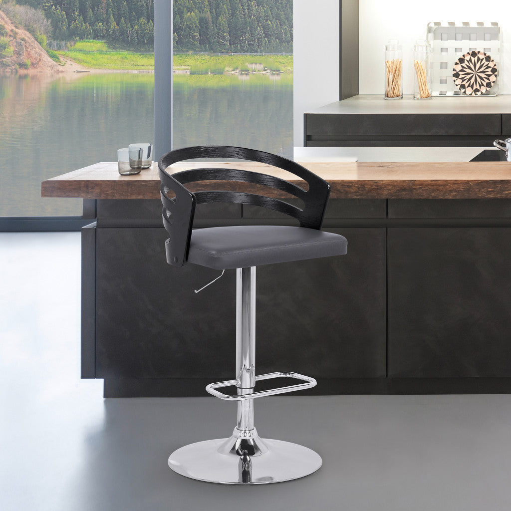 HomeRoots Gray Faux Leather Black Wood and Chrome Adjustable Swivel Bar Stool