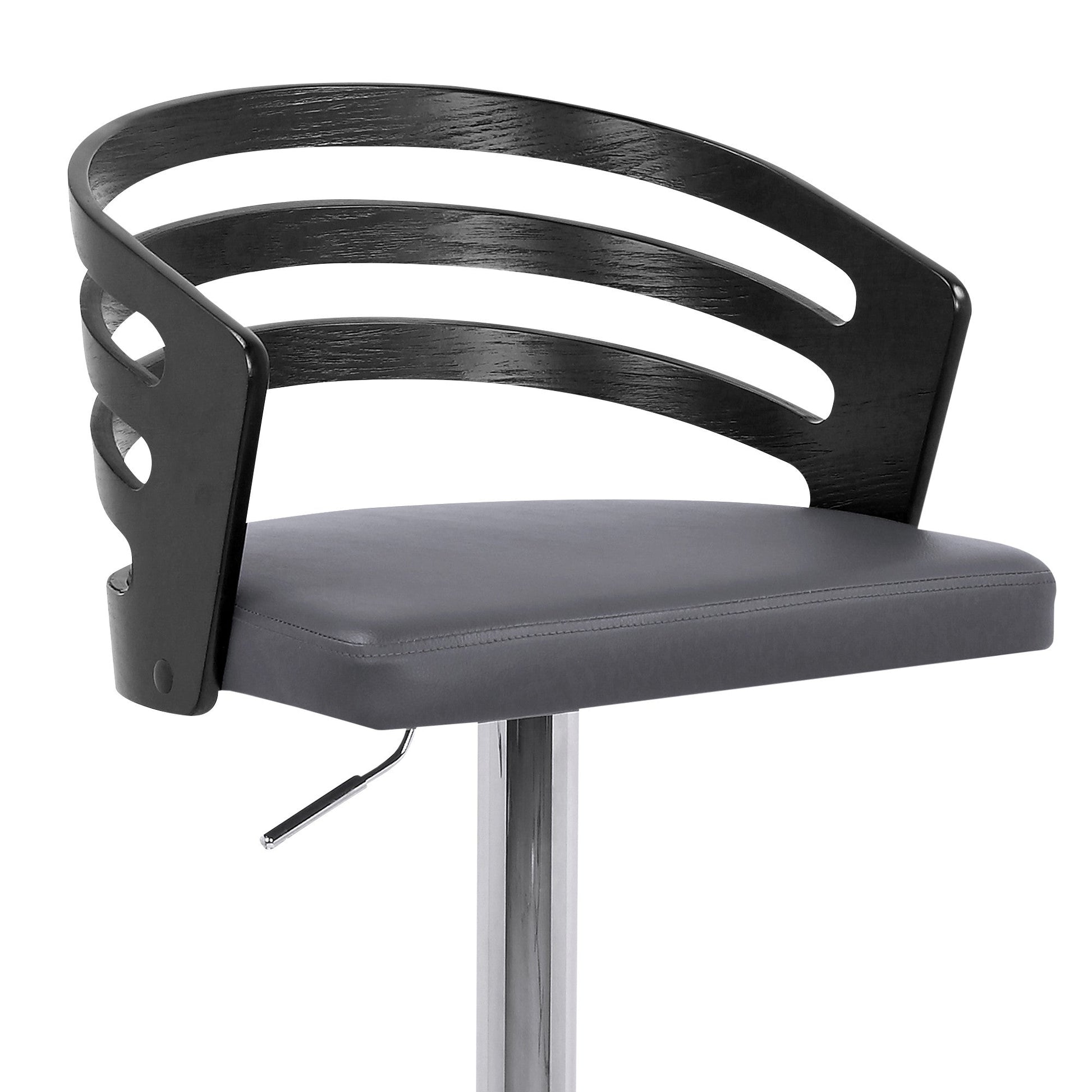 HomeRoots Gray Faux Leather Black Wood and Chrome Adjustable Swivel Bar Stool