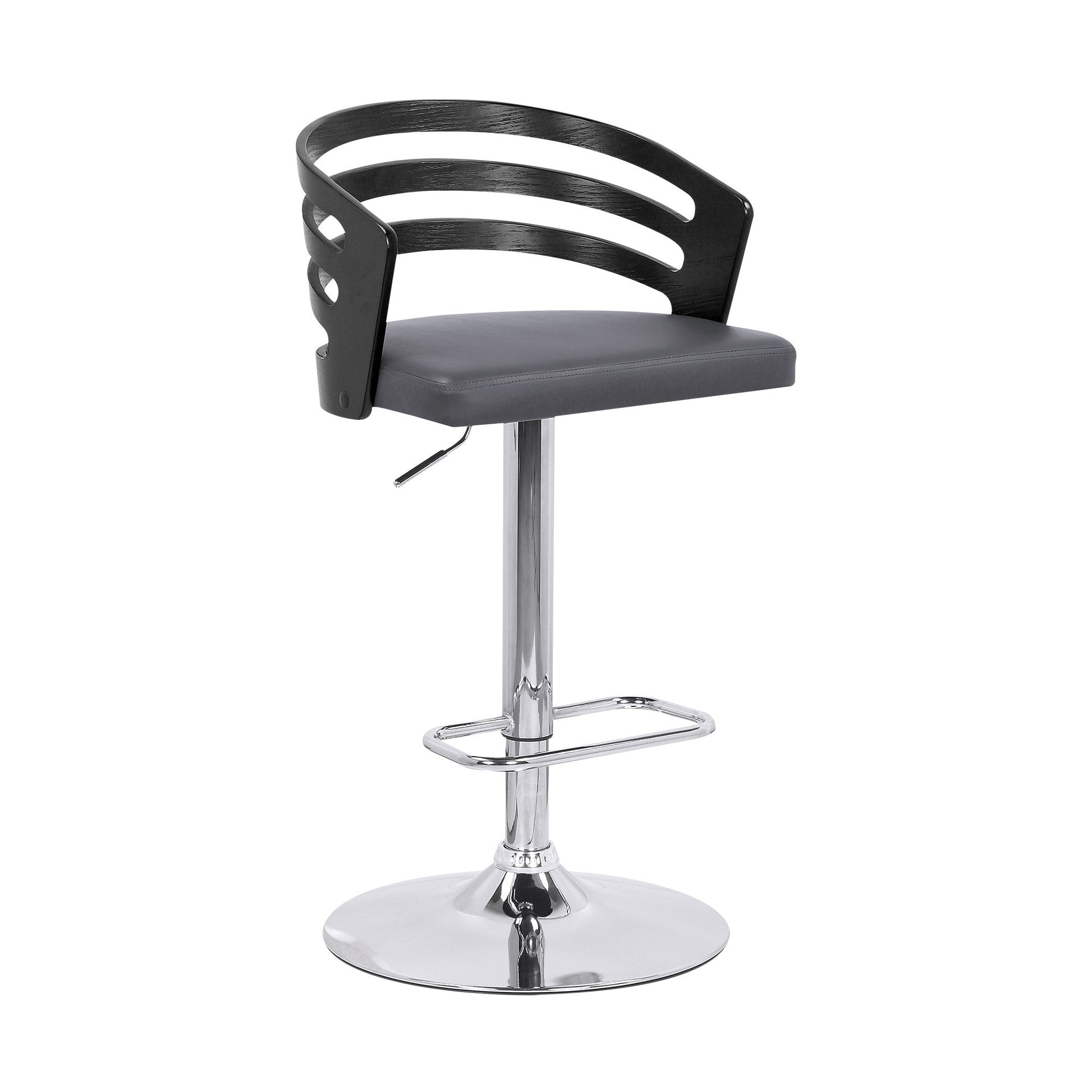 HomeRoots Gray Faux Leather Black Wood and Chrome Adjustable Swivel Bar Stool