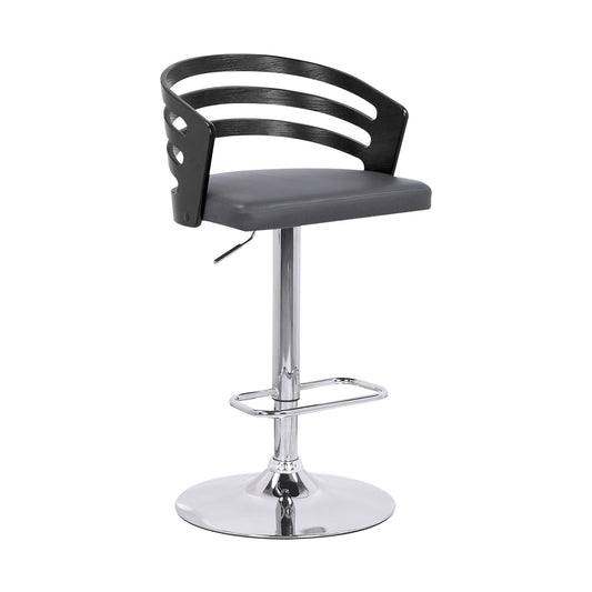 HomeRoots Gray Faux Leather Black Wood and Chrome Adjustable Swivel Bar Stool