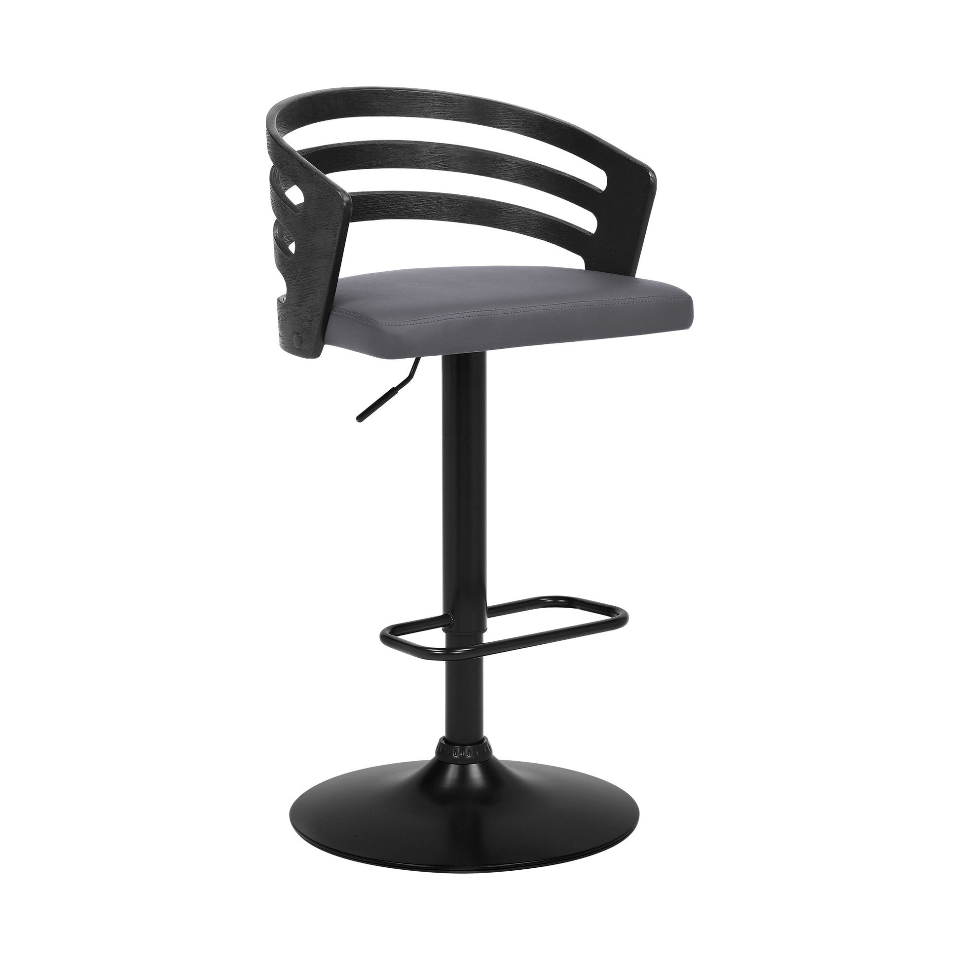 HomeRoots Gray Faux Leather Black Wood and Steel Adjustable Swivel Bar Stool