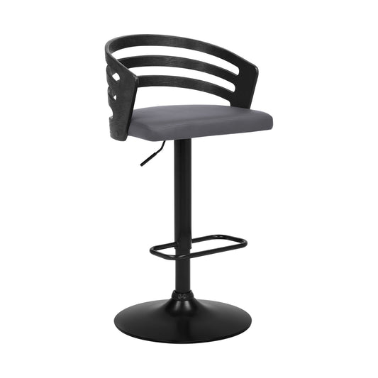 HomeRoots Gray Faux Leather Black Wood and Steel Adjustable Swivel Bar Stool