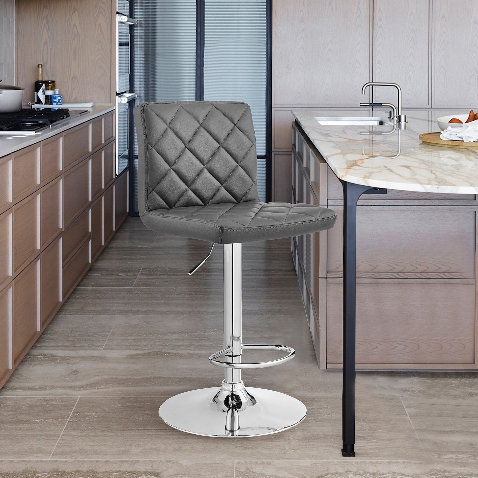 HomeRoots Gray Faux Leather Chrome Base Swivel Adjustable Bar Stool
