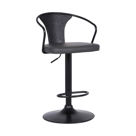 HomeRoots Gray Faux Leather & Metal Base Adjustable Bar Stool