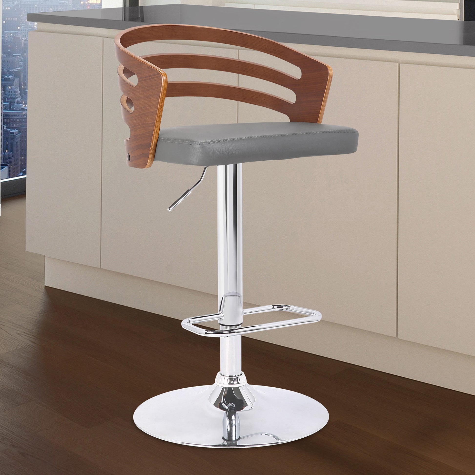 HomeRoots Gray Faux Leather Walnut Wood and Chrome Adjustable Swivel Bar Stool