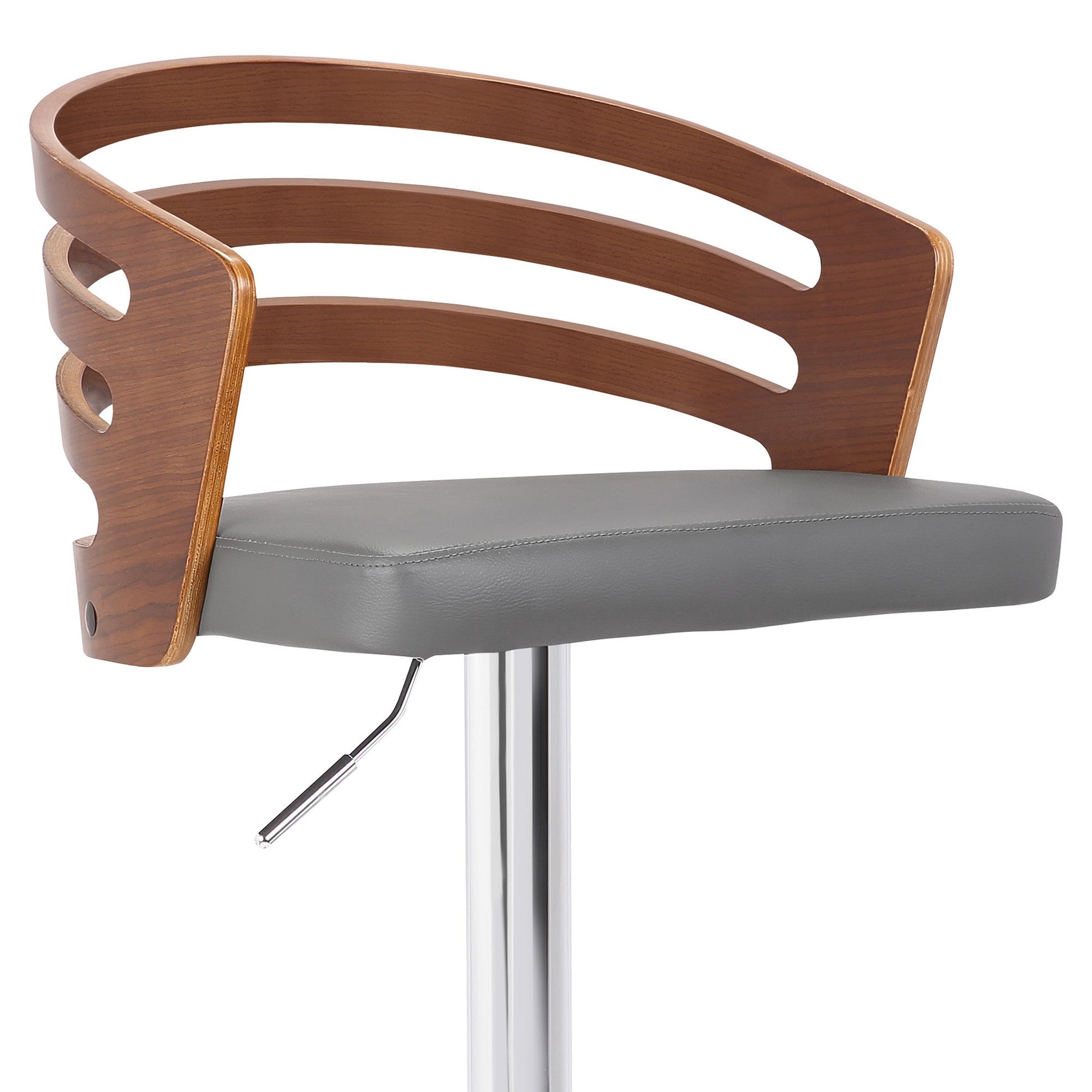 HomeRoots Gray Faux Leather Walnut Wood and Chrome Adjustable Swivel Bar Stool