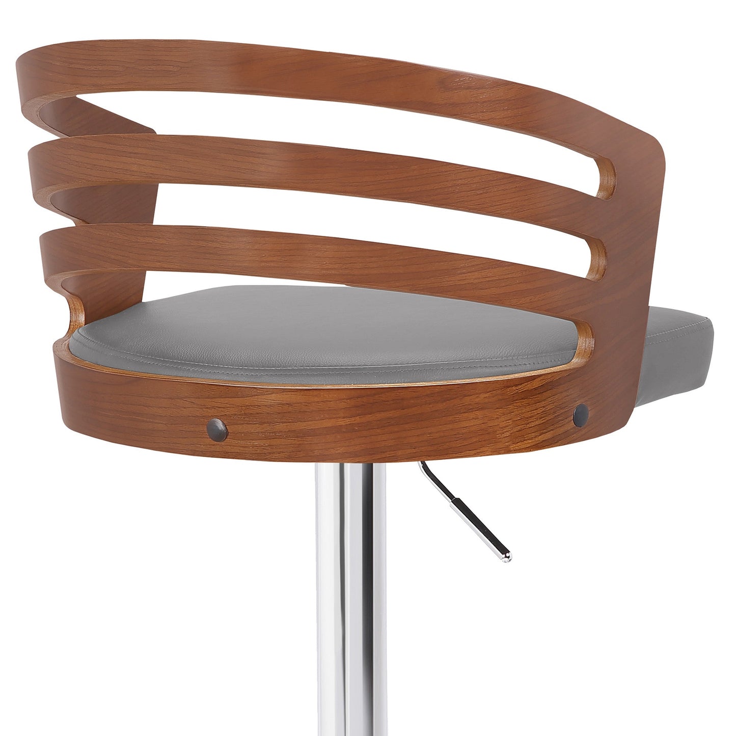 HomeRoots Gray Faux Leather Walnut Wood and Chrome Adjustable Swivel Bar Stool