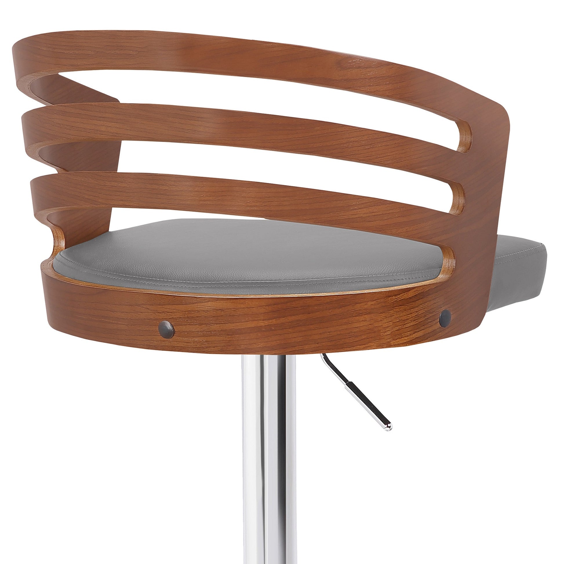 HomeRoots Gray Faux Leather Walnut Wood and Chrome Adjustable Swivel Bar Stool