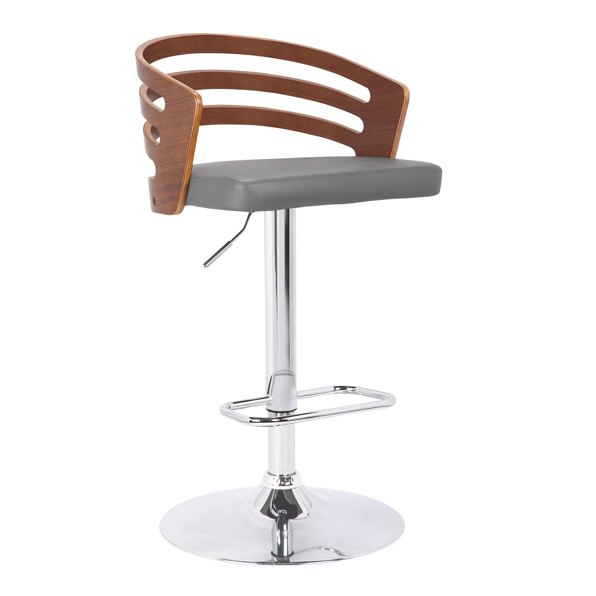 HomeRoots Gray Faux Leather Walnut Wood and Chrome Adjustable Swivel Bar Stool