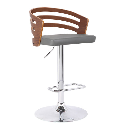 HomeRoots Gray Faux Leather Walnut Wood and Chrome Adjustable Swivel Bar Stool