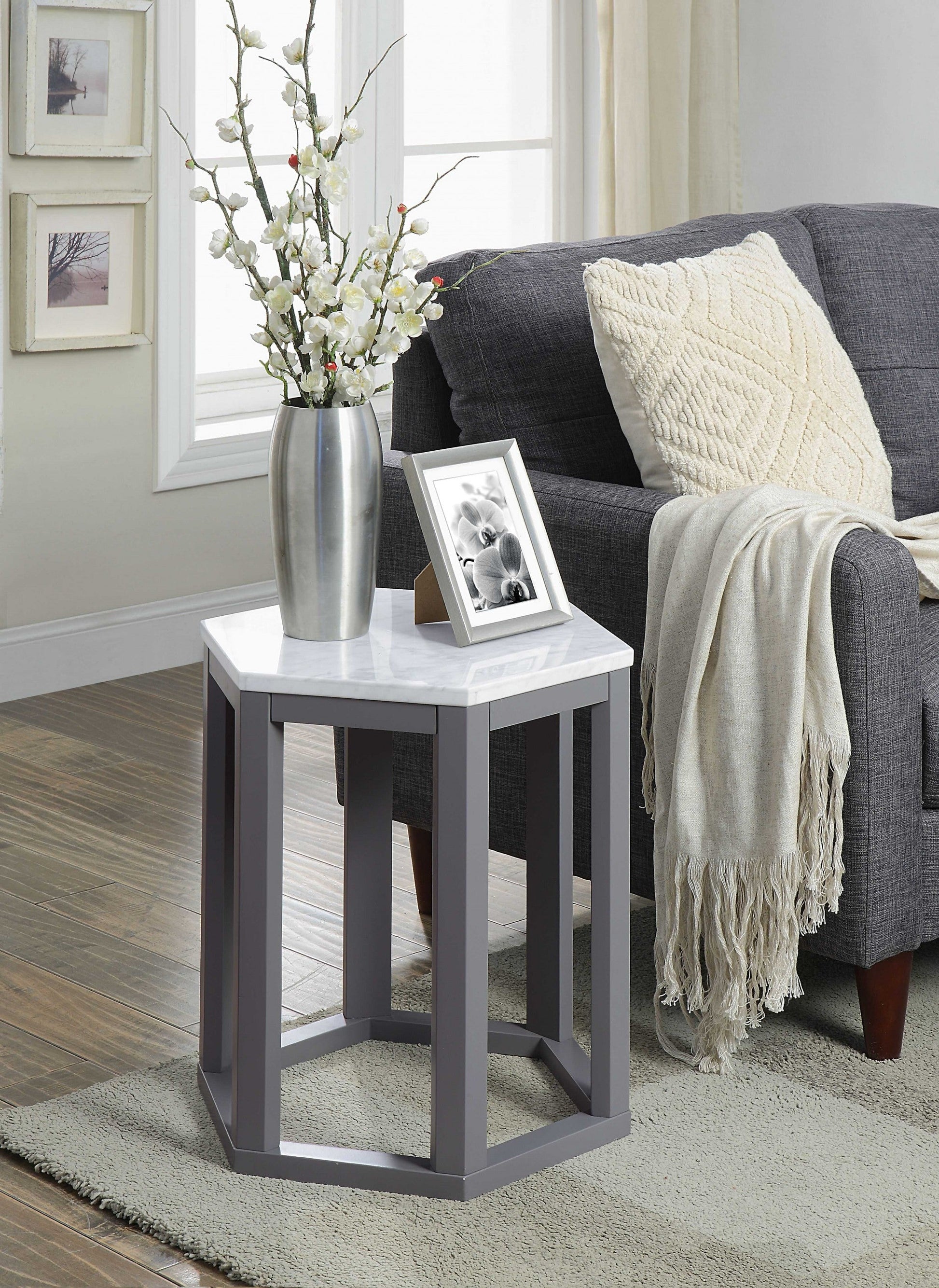 HomeRoots Gray Hexagonal Marble Top End Tables in Set Of Two