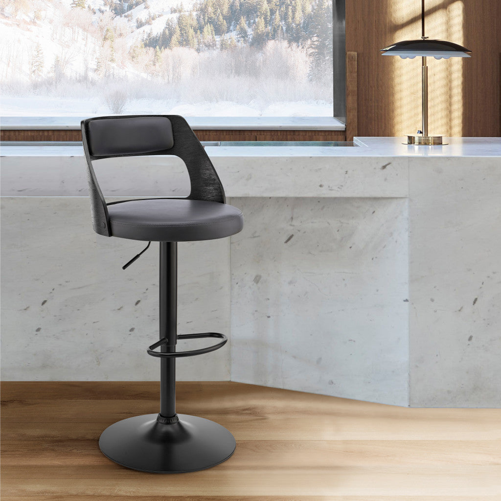 HomeRoots Gray Upholstered Black Base Adjustable Swivel Bar Stool