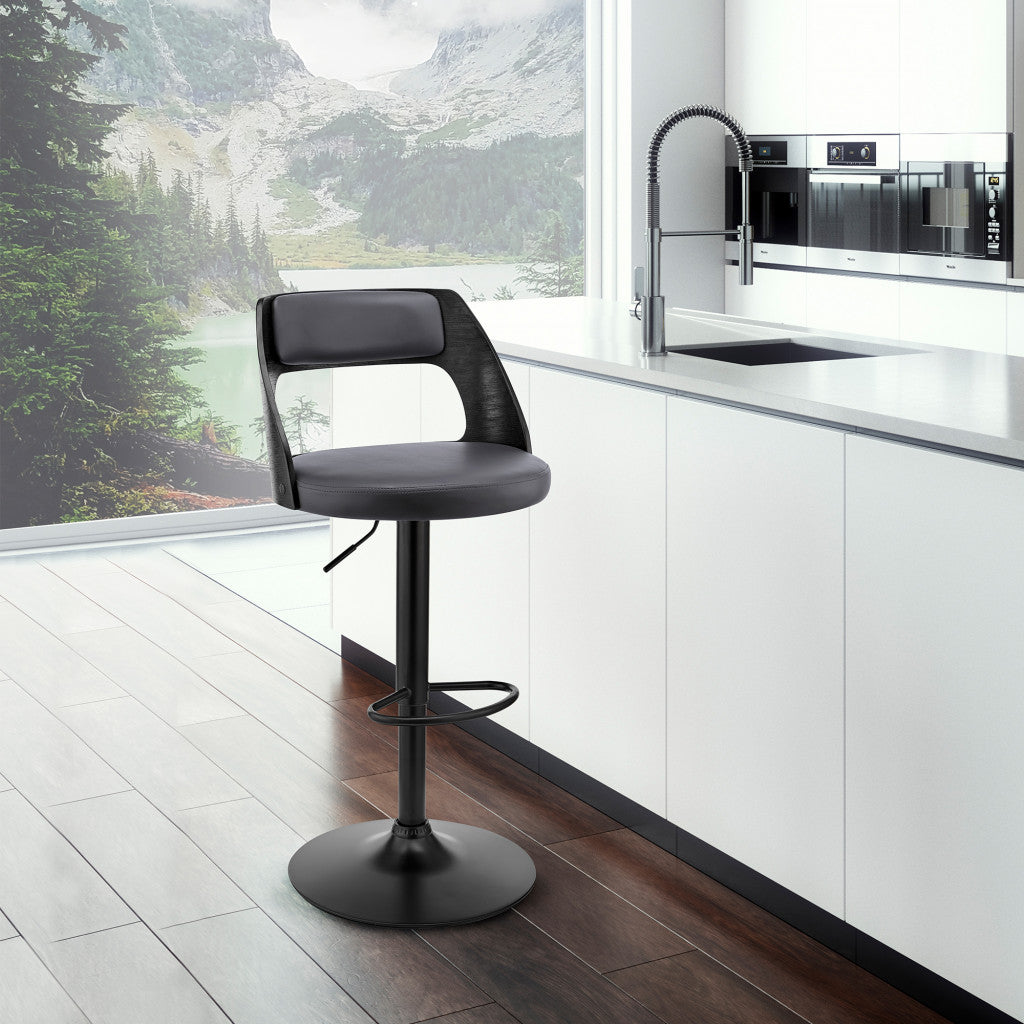 HomeRoots Gray Upholstered Black Base Adjustable Swivel Bar Stool