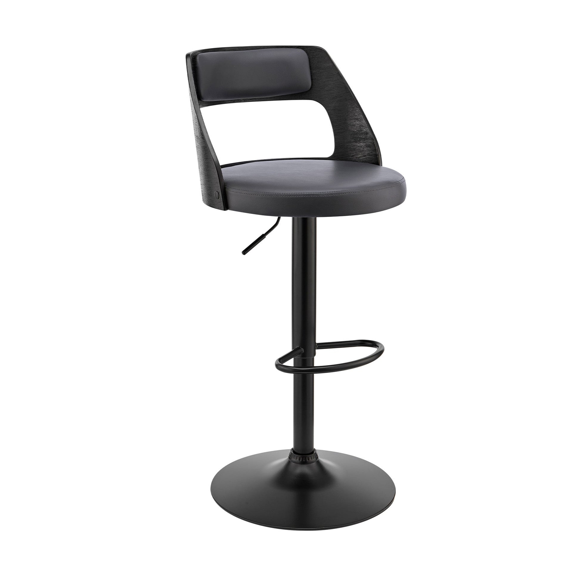 HomeRoots Gray Upholstered Black Base Adjustable Swivel Bar Stool