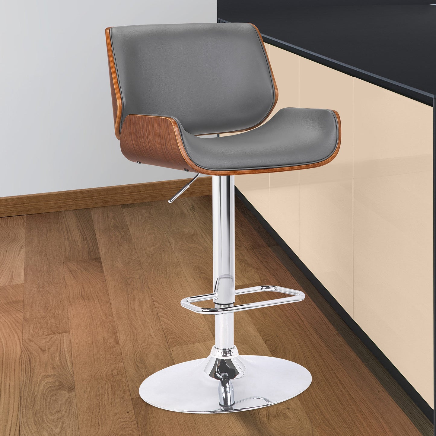 HomeRoots Gray Upholstered Chrome Base Adjustable Bar Stool