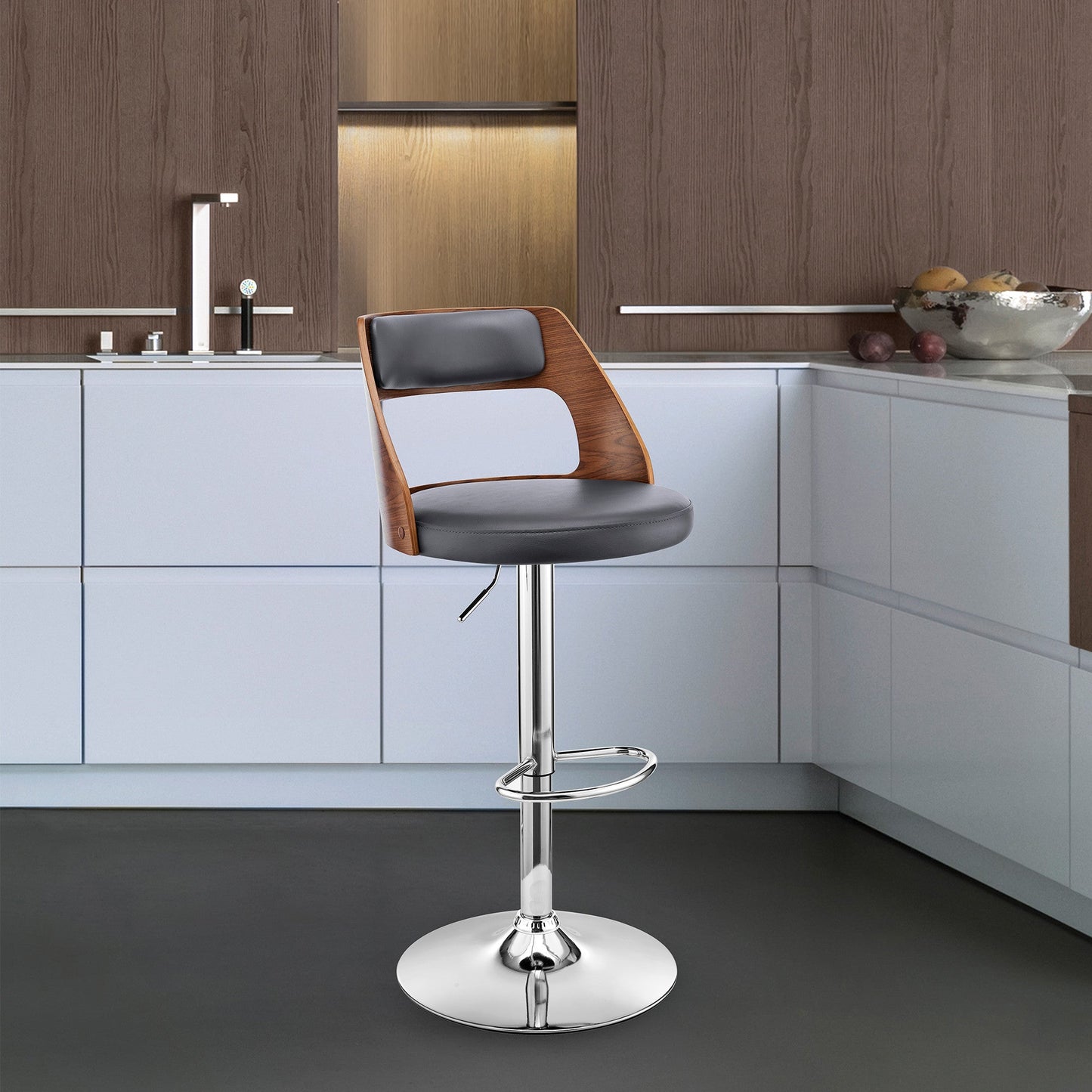 HomeRoots Gray Upholstered Chrome Base Adjustable Swivel Bar Stool