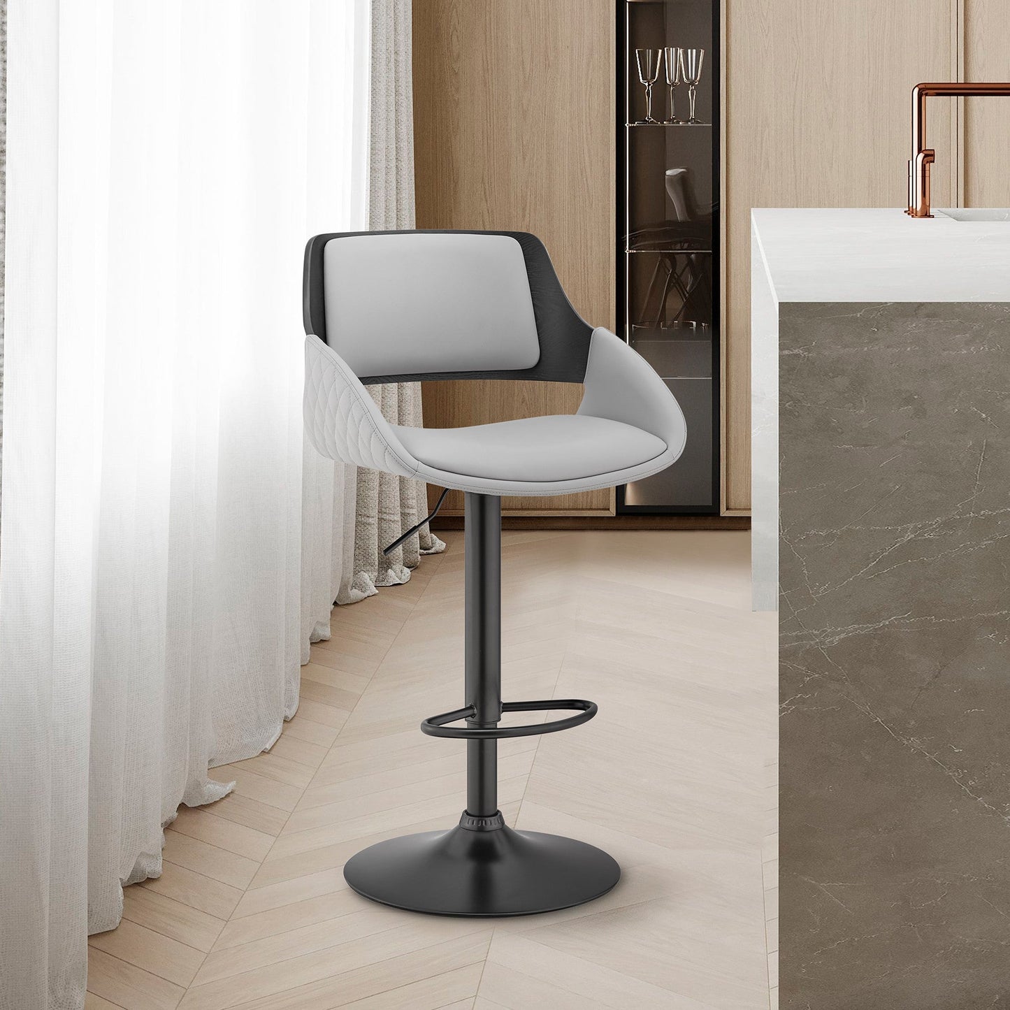HomeRoots Grey Faux Leather Adjustable Black Swivel Bar Stool