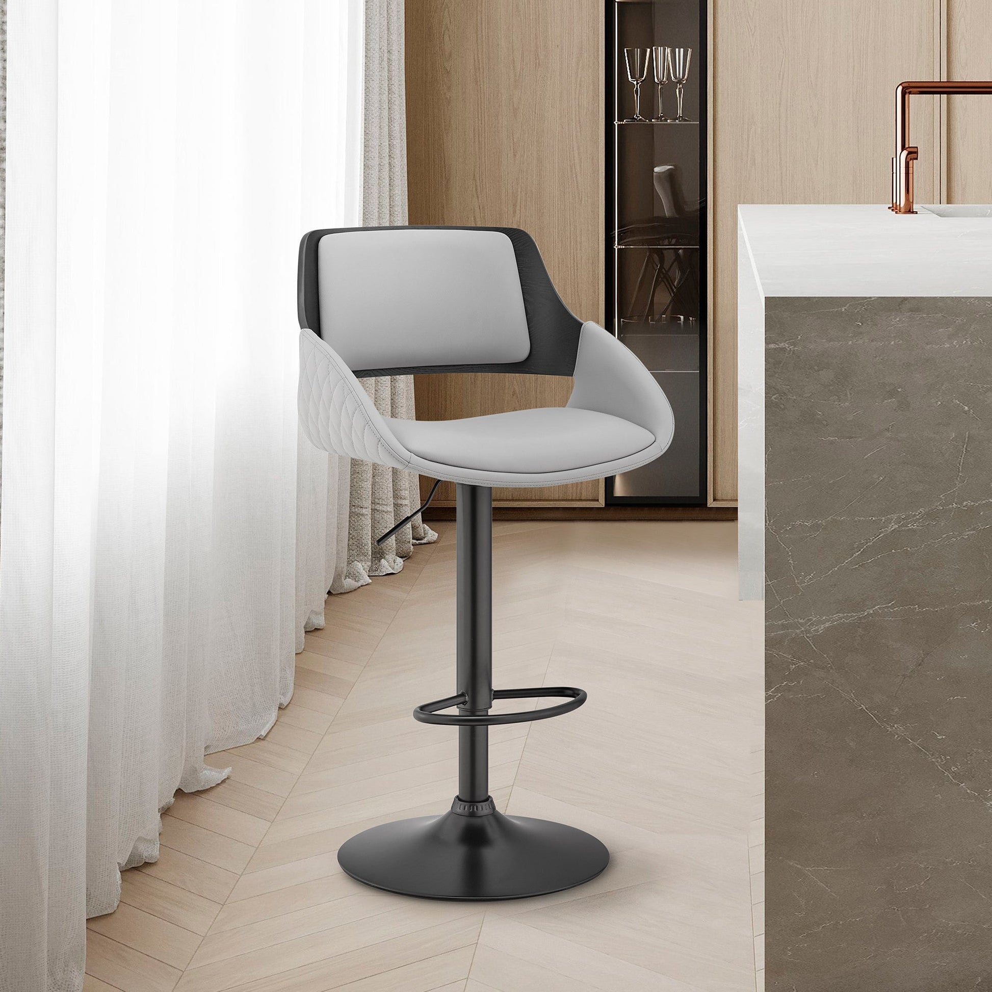 HomeRoots Grey Faux Leather Adjustable Black Swivel Bar Stool