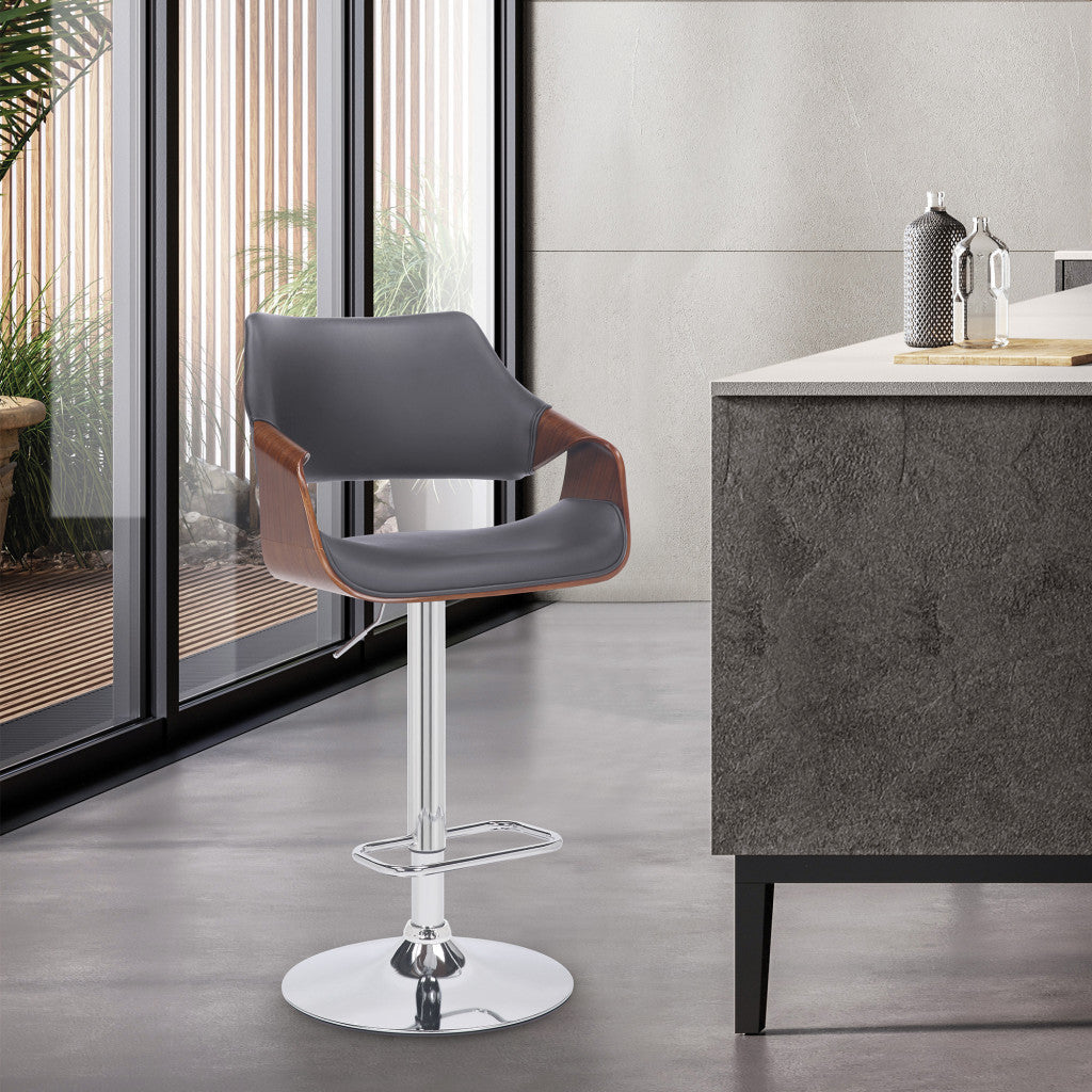 HomeRoots Grey Faux Leather and Walnut Wood and Chrome Swivel Adjustable Bar Stool
