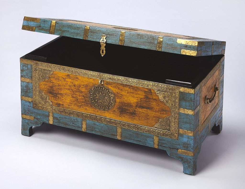 HomeRoots Hand Painted Brass Inlay Storage Trunk