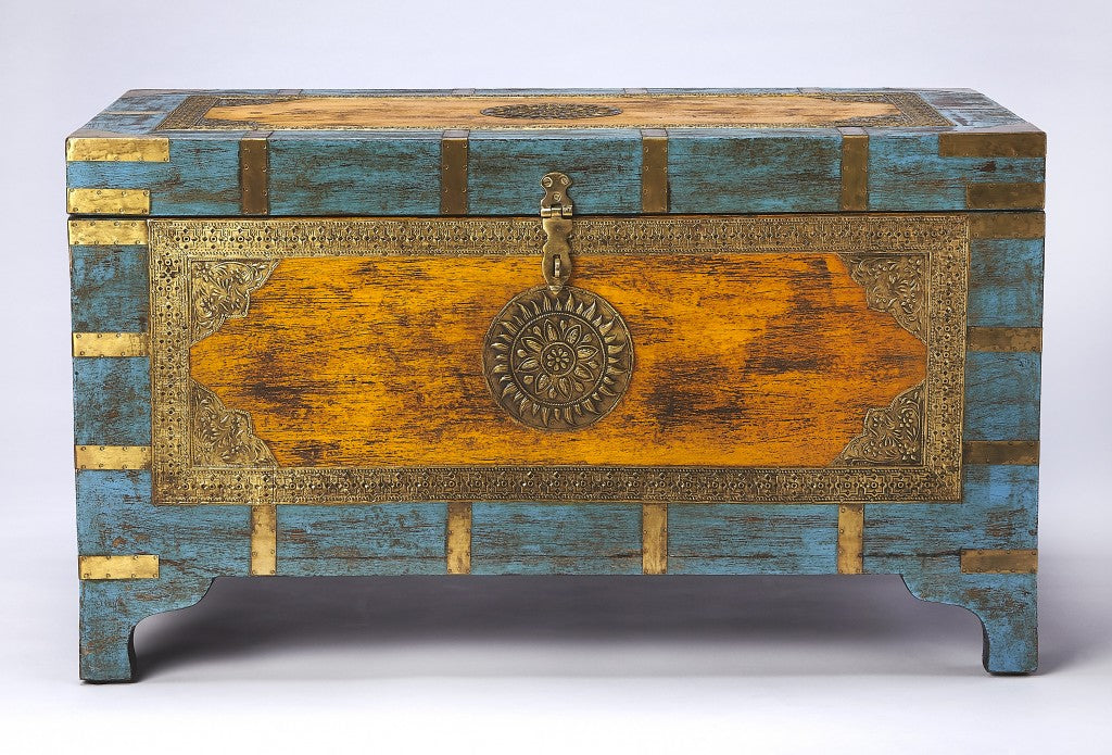 HomeRoots Hand Painted Brass Inlay Storage Trunk