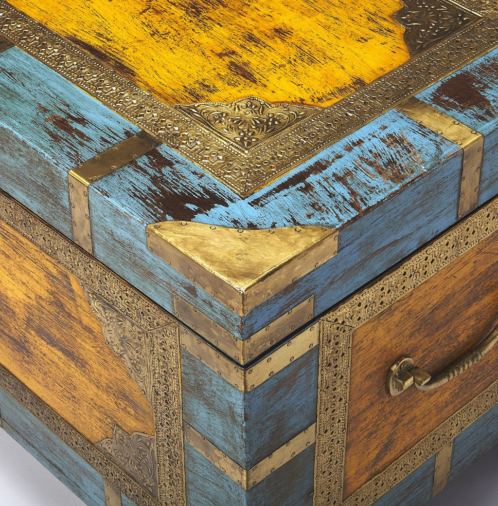 HomeRoots Hand Painted Brass Inlay Storage Trunk
