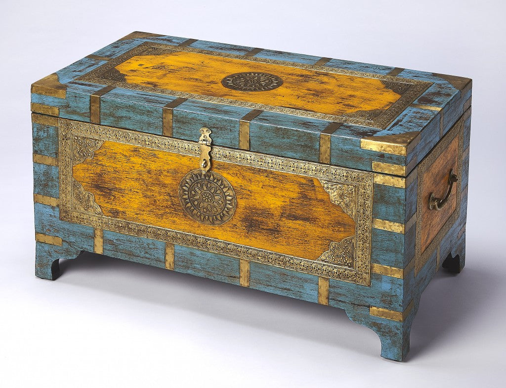 HomeRoots Hand Painted Brass Inlay Storage Trunk
