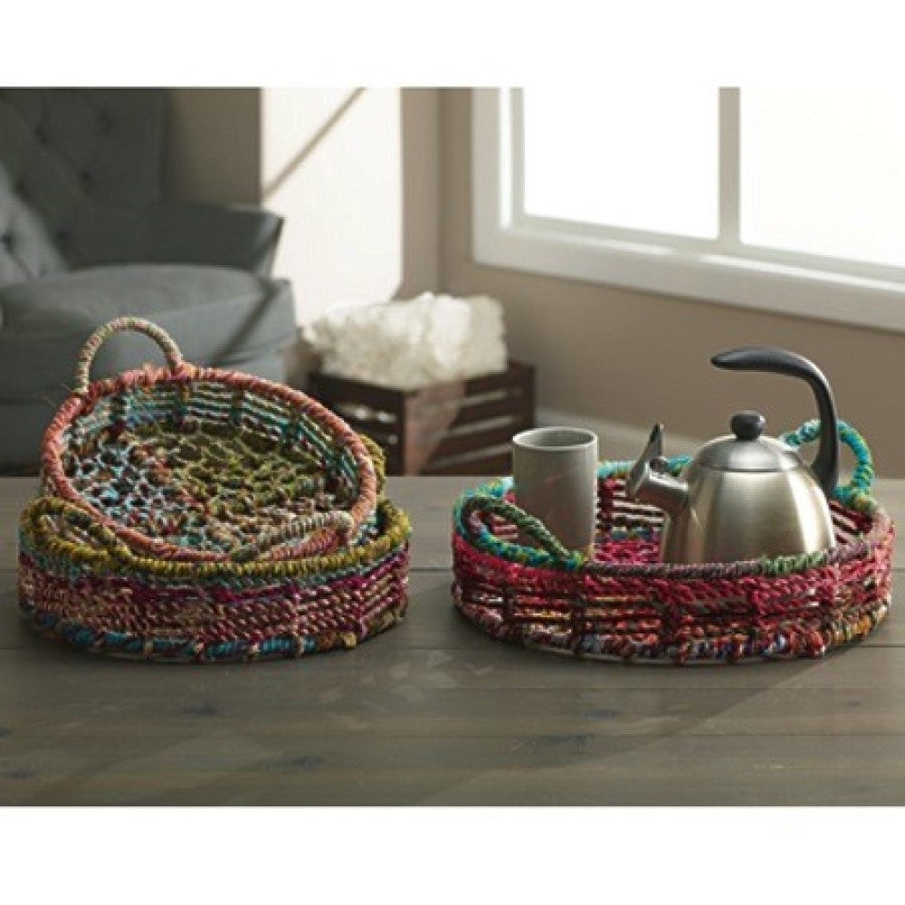HomeRoots Handmade Rainbow Round Nesting Jute Trays in Set of 3