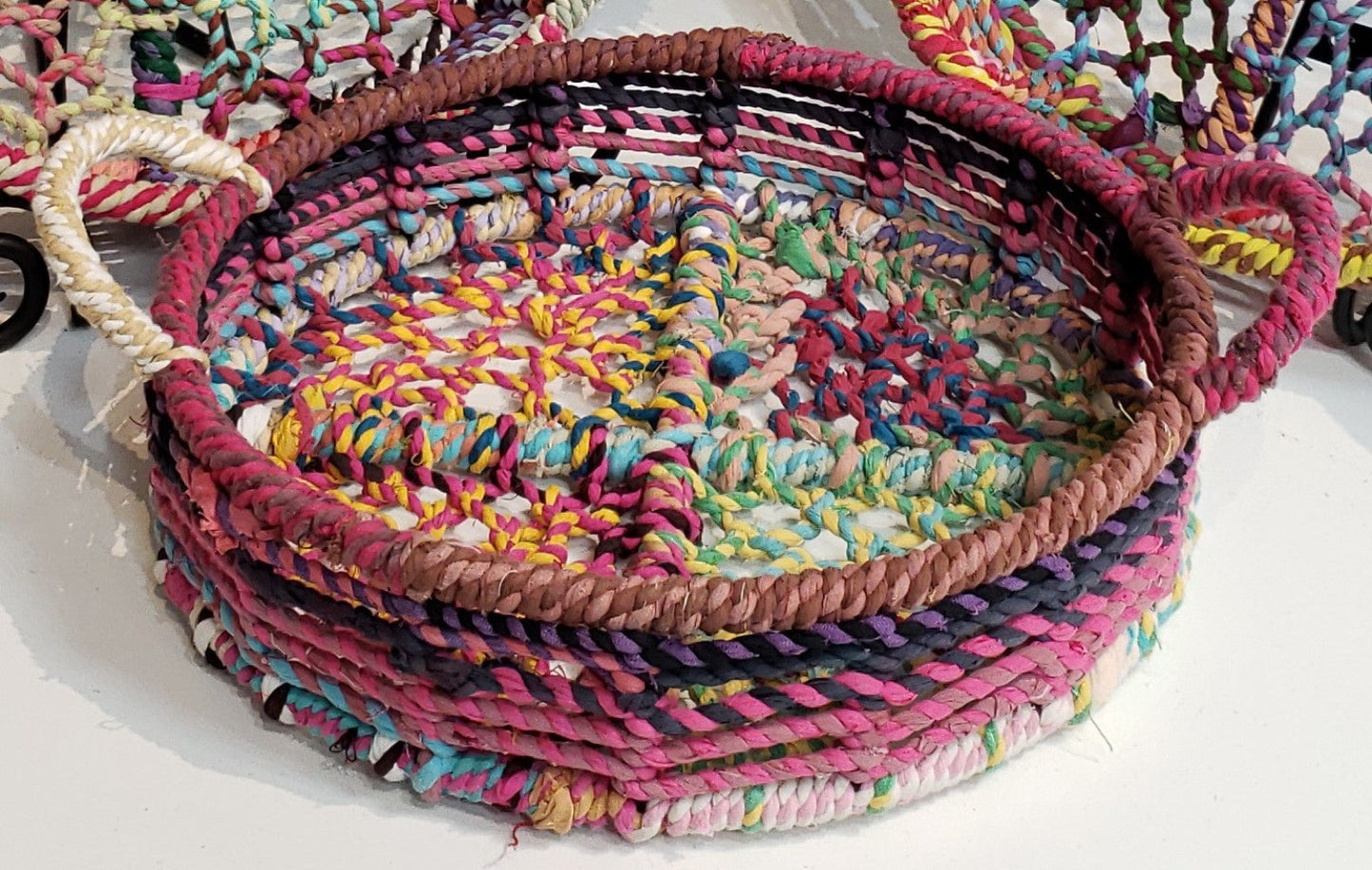 HomeRoots Handmade Rainbow Round Nesting Jute Trays in Set of 3