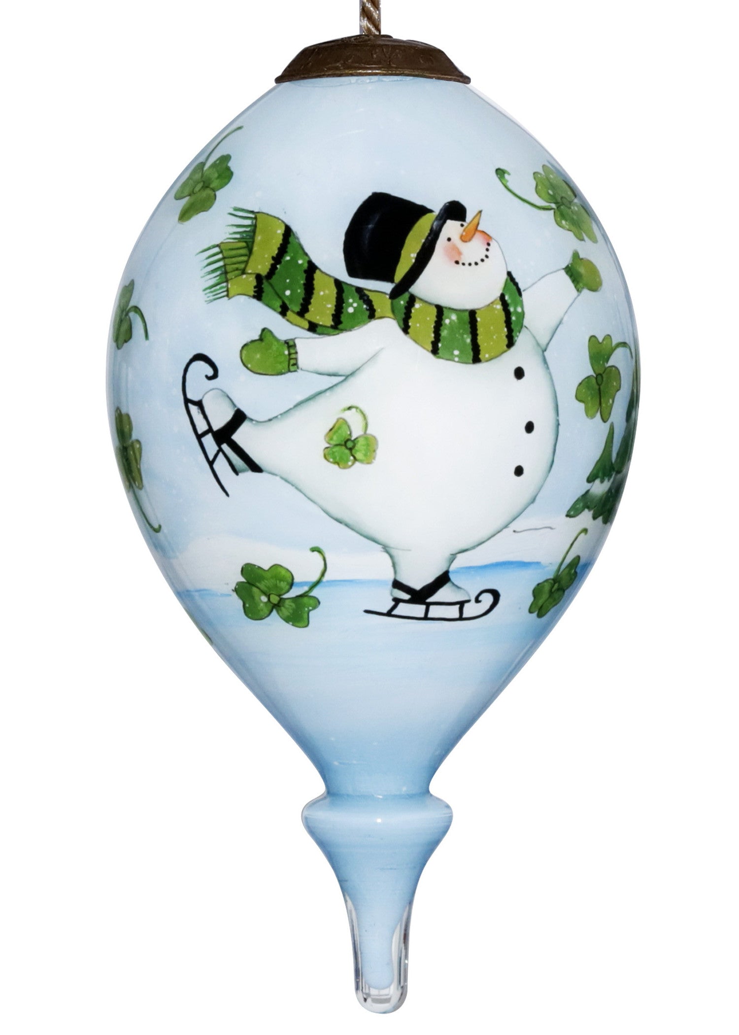 HomeRoots Ice Skating Shamrock Snowman Hand Painted Mouth Blown Glass Ornament