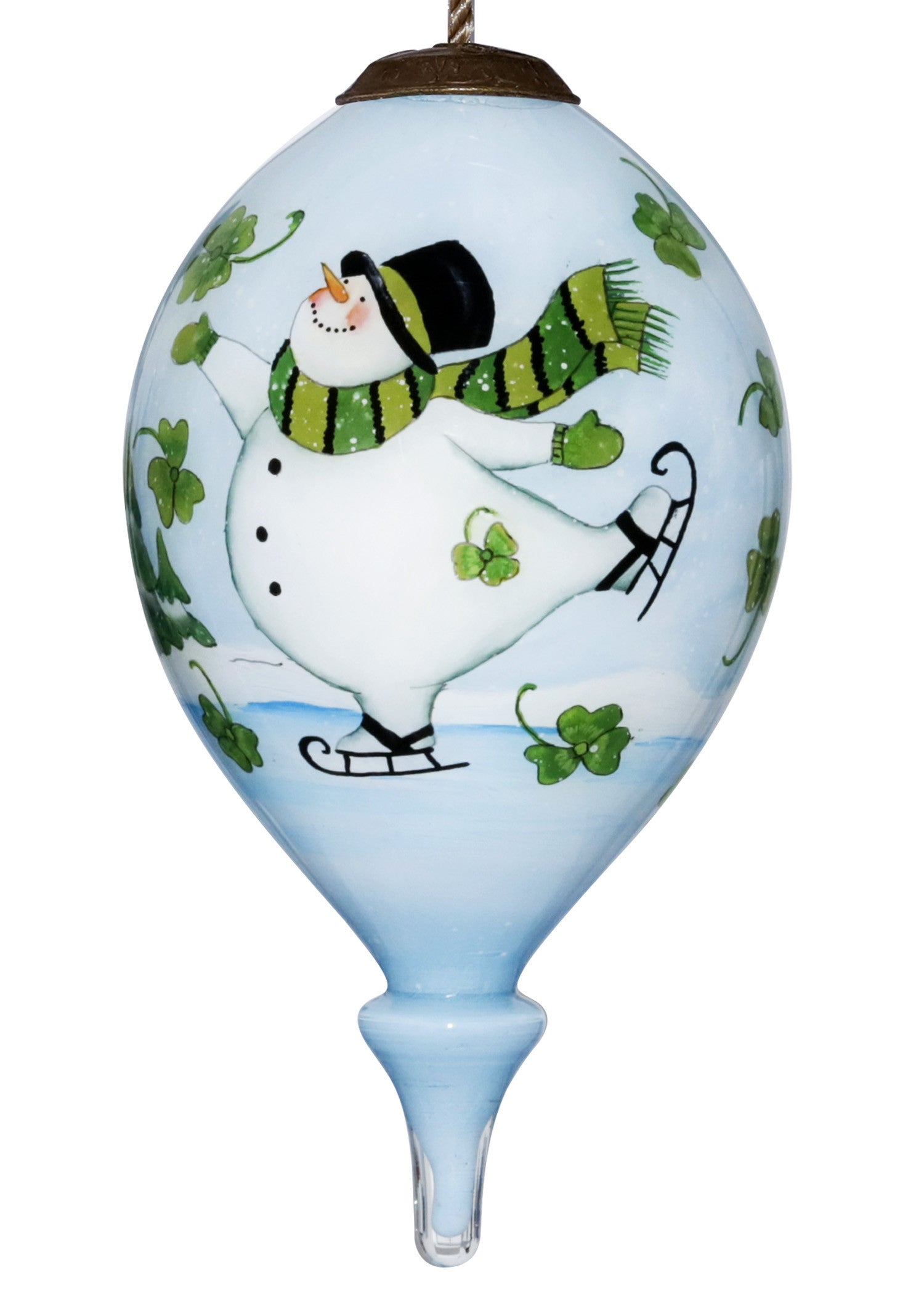 HomeRoots Ice Skating Shamrock Snowman Hand Painted Mouth Blown Glass Ornament