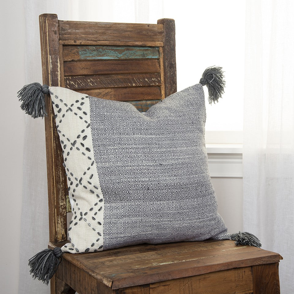HomeRoots Ivory Gray Accent Stitch Color Block Throw Pillow