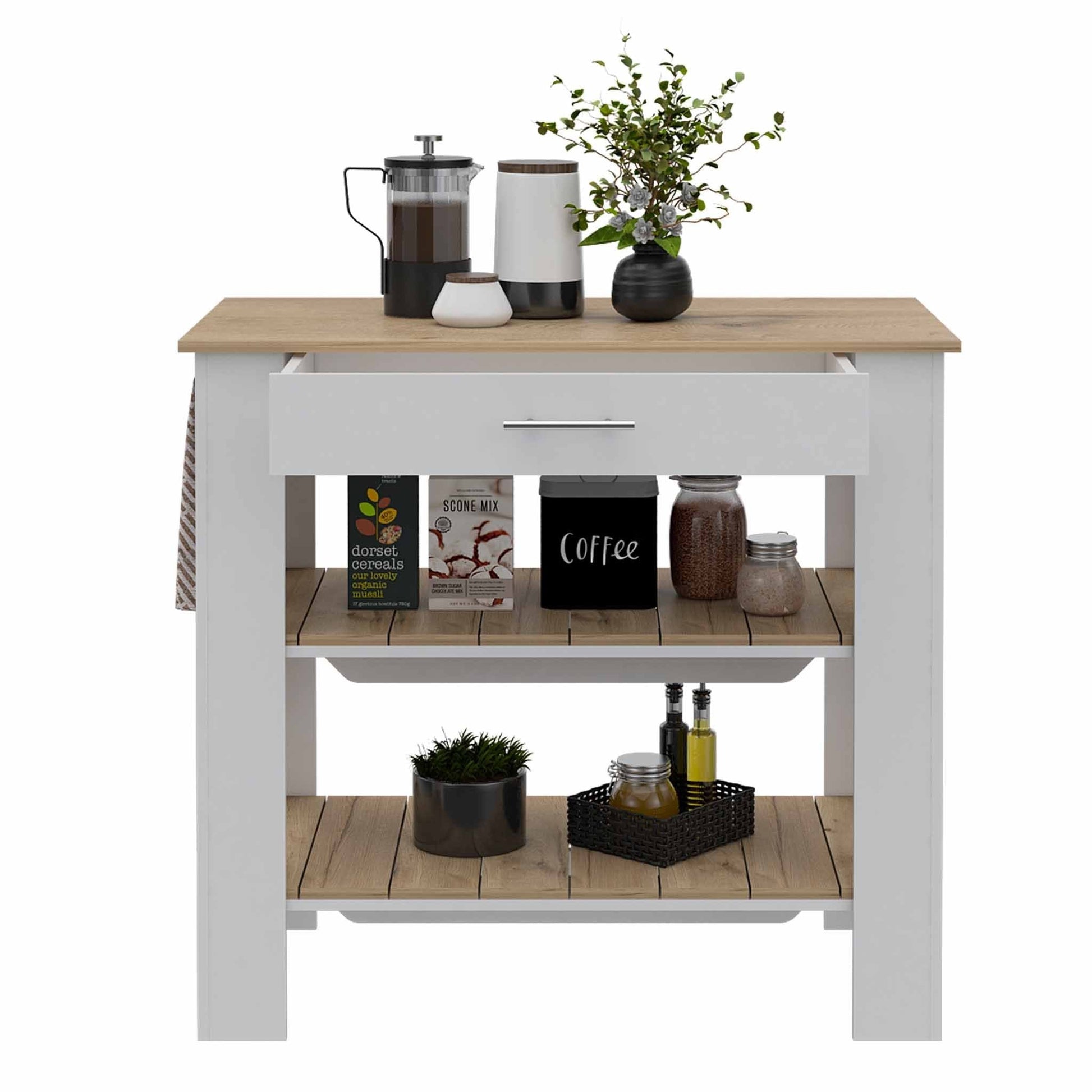 HomeRoots Kitchen Island With Drawer And 2 Open Shelves With Light Oak and White Finish